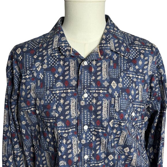 Panhandle Pearl Snap Western Shirt Large Blue Paisley Long Sleeve One Point - Picture 2 of 7